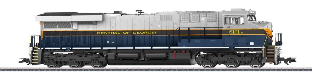 locomotiva Diesel-elettrica per treni merci tipo General Electric ES44AC della Norfolk Southern (NS). Colorazione di base in grigio/nero/blu della precedente Central of Georgia Railway